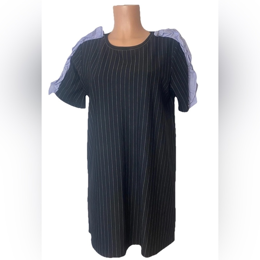 Zara Trafaluc Black Pinstripe Ruffle Shoulder Sleeve Tunic Dress Size Large